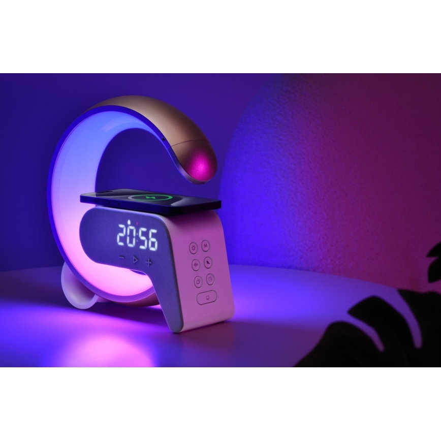 LED RGB Ściemnialna lampa z budzikiem i ładowarką Qi 30W/230V złoty