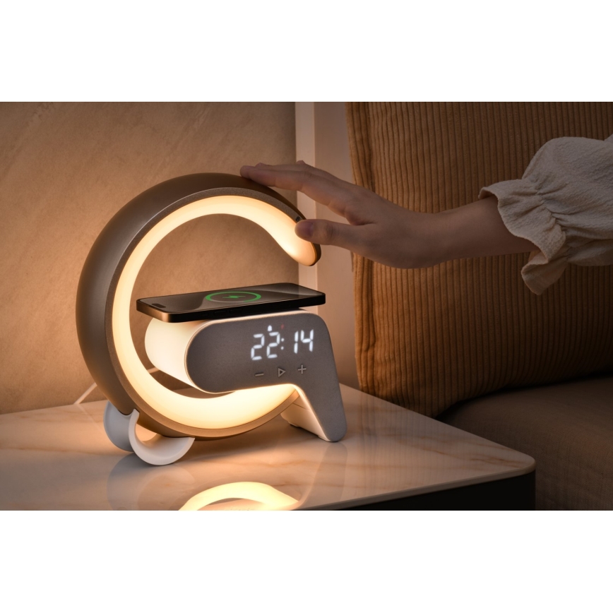 LED RGB Ściemnialna lampa z budzikiem i ładowarką Qi 30W/230V złoty