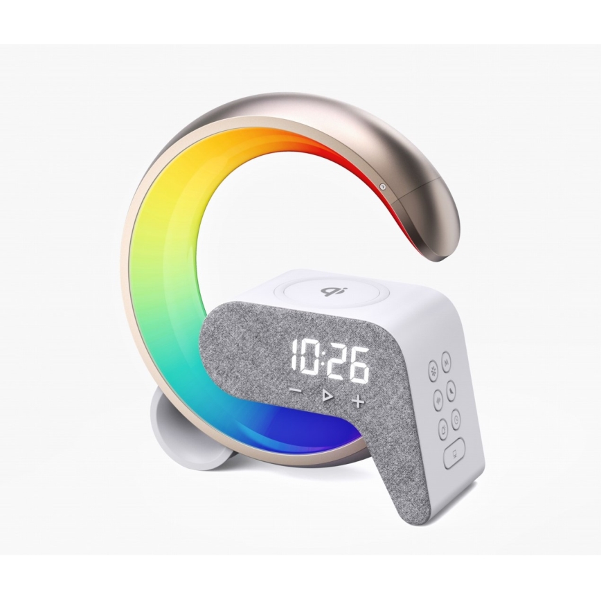 LED RGB Ściemnialna lampa z budzikiem i ładowarką Qi 30W/230V złoty