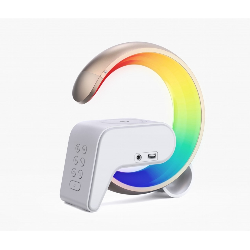 LED RGB Ściemnialna lampa z budzikiem i ładowarką Qi 30W/230V złoty