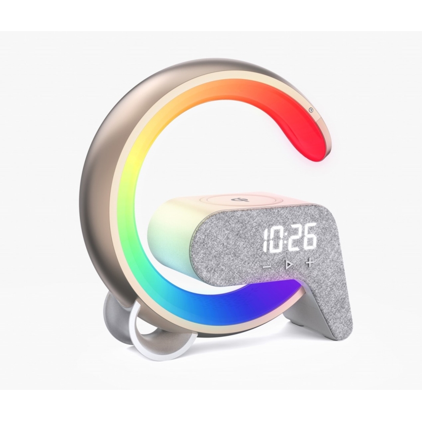 LED RGB Ściemnialna lampa z budzikiem i ładowarką Qi 30W/230V złoty
