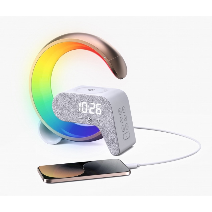 LED RGB Ściemnialna lampa z budzikiem i ładowarką Qi 30W/230V złoty