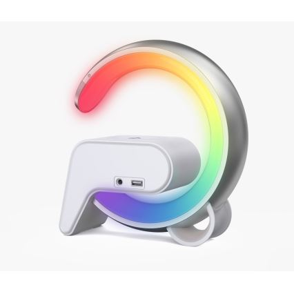 LED RGB Ściemnialna lampa z budzikiem i ładowarką Qi 30W/230V srebrna