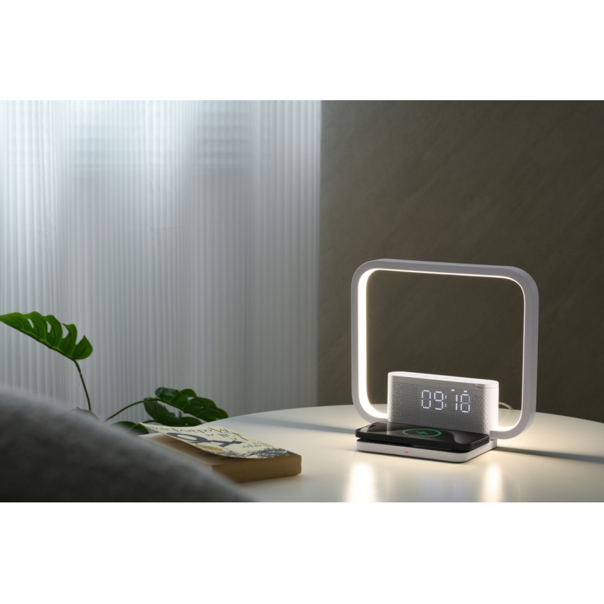 LED Lampa stołowa ściemnialna z budzikiem i Qi ładowaniem LED/18W/230V biały
