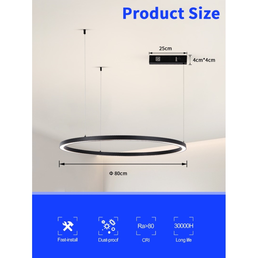 Immax NEO 07215L - LED Żyrandol ściemnialny na lince FINO LED/60W/230V 80 cm czarne Tuya + Pilot zdalnego sterowania