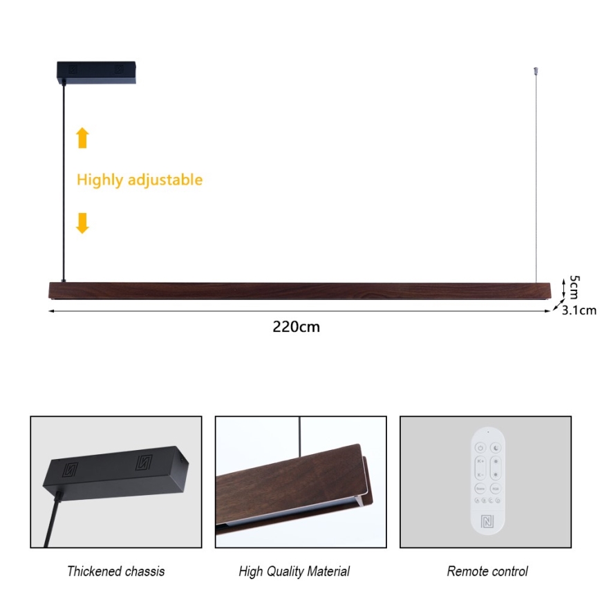Immax NEO 07302L - LED ściemnialny żyrandol na linkach MADEIRA LED/44W/230V Wi-Fi Tuya, 202 cm, orzech + pilot zdalnego sterowania
