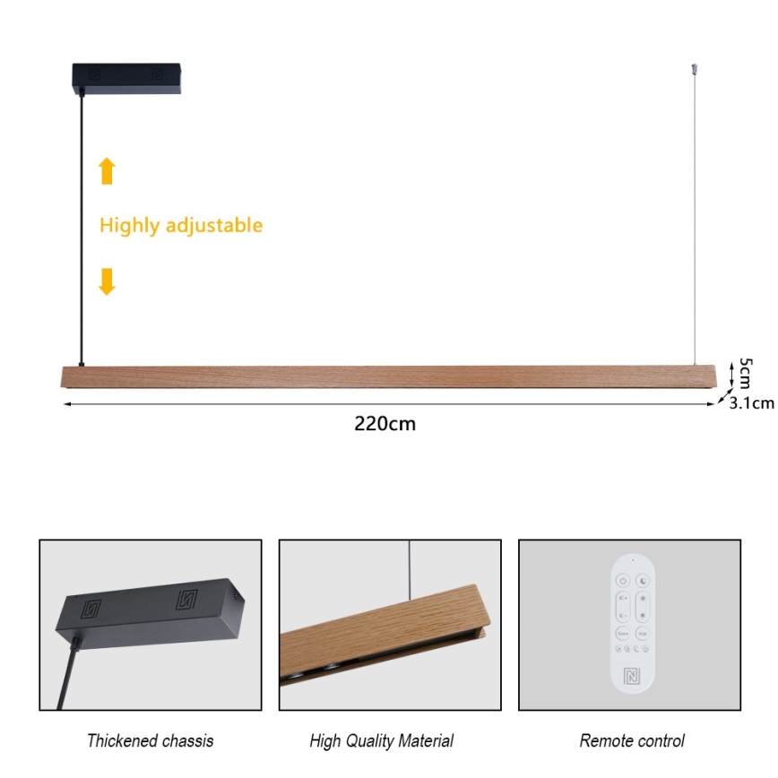Immax NEO 07305L - ściemnialny żyrandol na linkach MADEIRA LED/44W/230V Wi-Fi Tuya 202 cm dąb + zdalne sterowanie