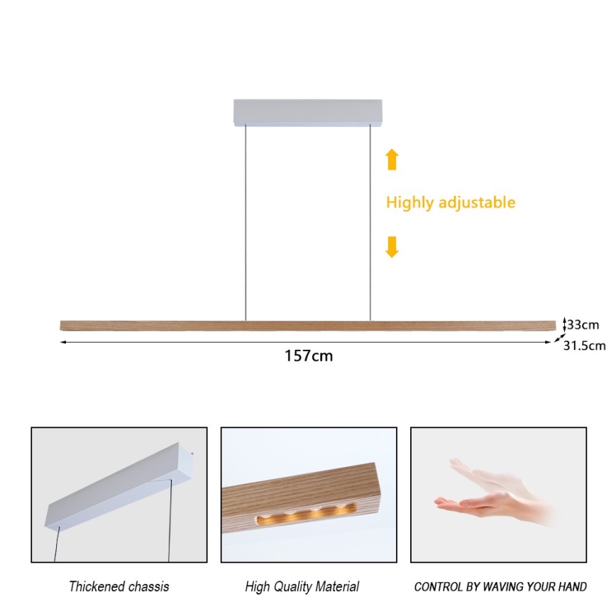 Immax NEO 07310L - ściemnialny żyrandol LED na linkach z czujnikiem MADEIRA LED/37W/230V 157 cm jesion