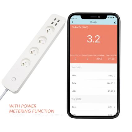 Immax NEO 07707L - Przedłużacz NEO LITE Smart 4AC + 4USB Wi-Fi Tuya 1,5m