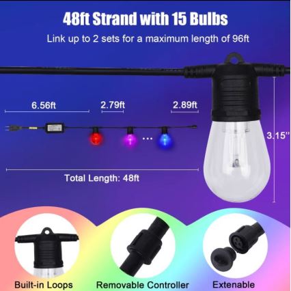 LED RGB+CCT Ściemnialny zewnętrzny łańcuch GIRLANDA 15xLED/1W/230V 15m Wi-Fi Tuya IP65 + zdalne sterowanie