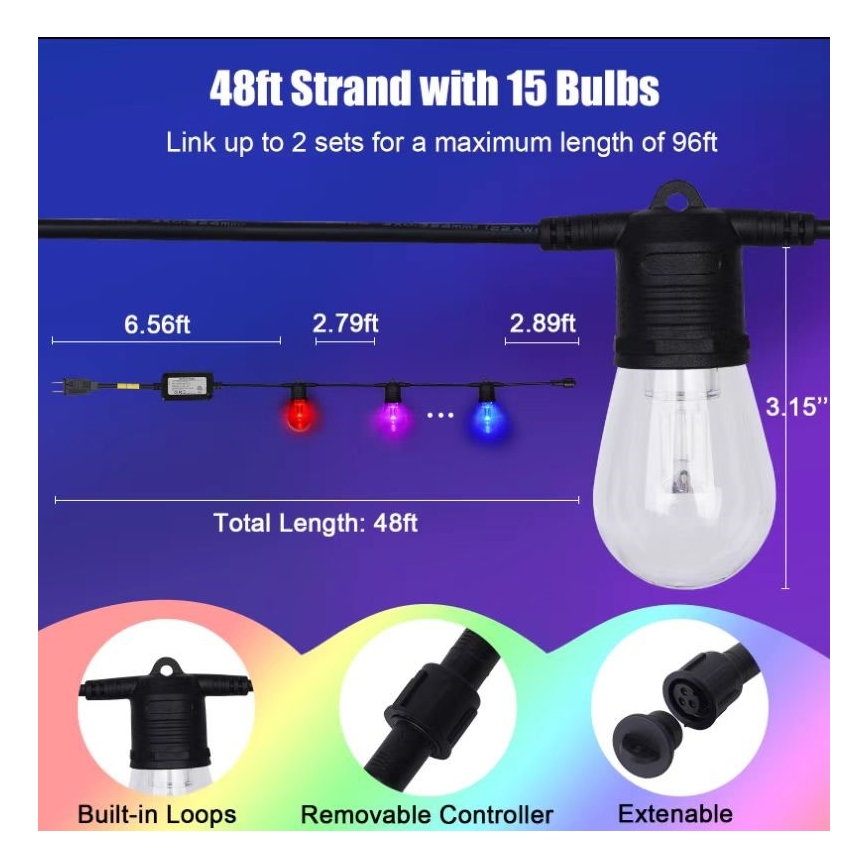 LED RGB+CCT Ściemnialny zewnętrzny łańcuch GIRLANDA 15xLED/1W/230V 15m Wi-Fi Tuya IP65 + zdalne sterowanie