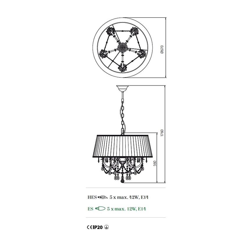 Incanti ICA P5 01 01 - Żyrandol na łańcuchu CANDORE 5xE14/42W/230V