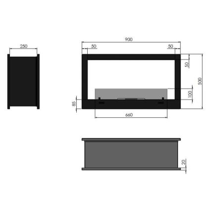 InFire - Kominek BIO do zabudowy 90x50 cm 3kW dwustronny