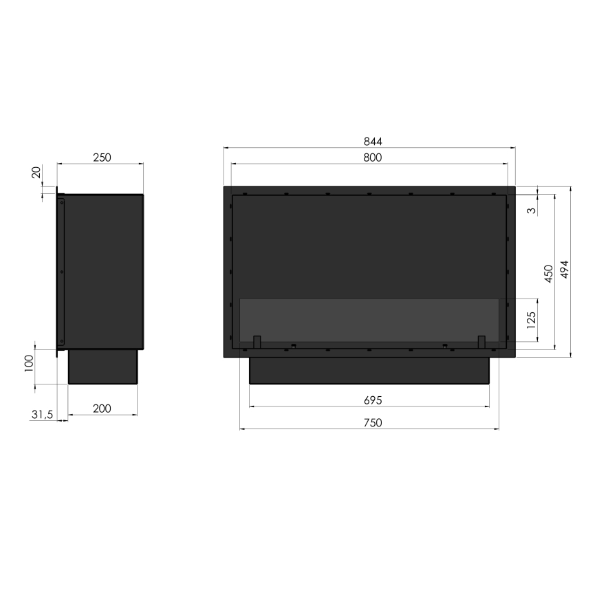 InFire - Wbudowany BIO kominek 49,4x84,4 cm 3,5kW czarny