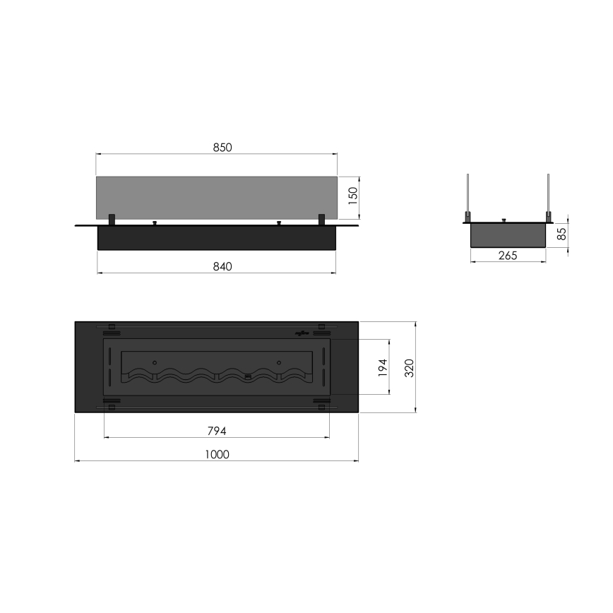 InFire - Wbudowany BIO kominek 8,5x100 cm 6kW czarny