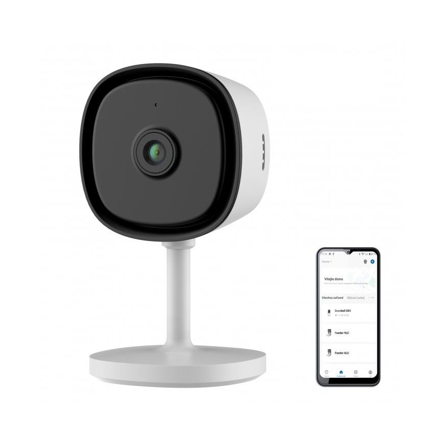 Inteligentna kamera do wnętrz z matrycą Full HD 1080p, zasilanie 5V, łączność Wi‑Fi, kompatybilna z Tuya, biała