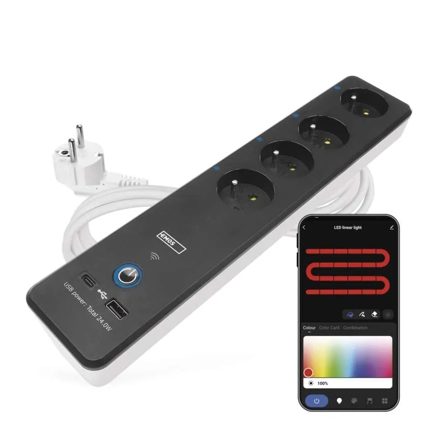 Inteligentny przedłużony kabel z wyłącznikiem GoSmart 4Z + 1xUSB-A + 1xUSB-C 2 m Wi-Fi Tuya