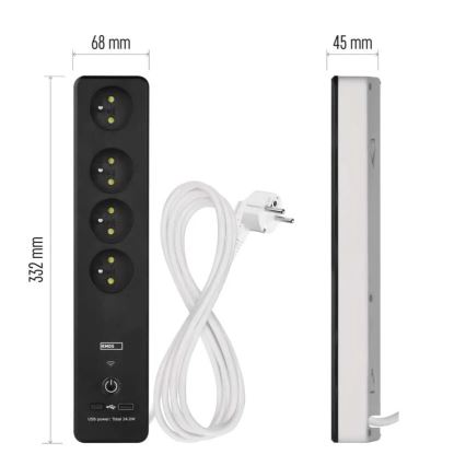 Inteligentny przedłużony kabel z wyłącznikiem GoSmart 4Z + 1xUSB-A + 1xUSB-C 2 m Wi-Fi Tuya