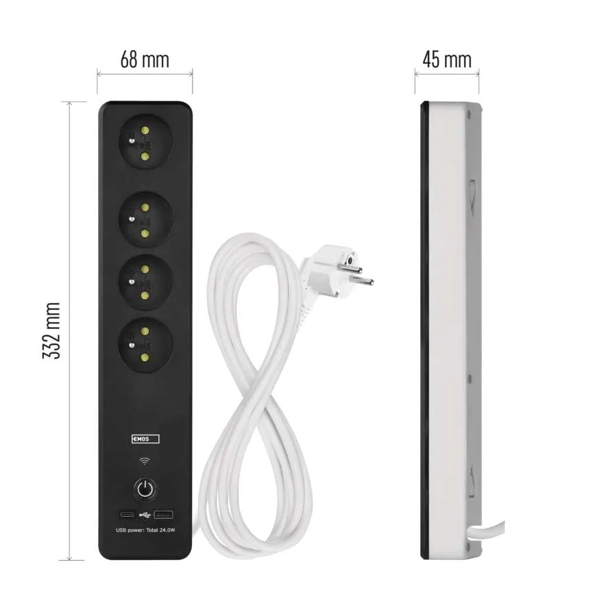 Inteligentny przedłużony kabel z wyłącznikiem GoSmart 4Z + 1xUSB-A + 1xUSB-C 2 m Wi-Fi Tuya