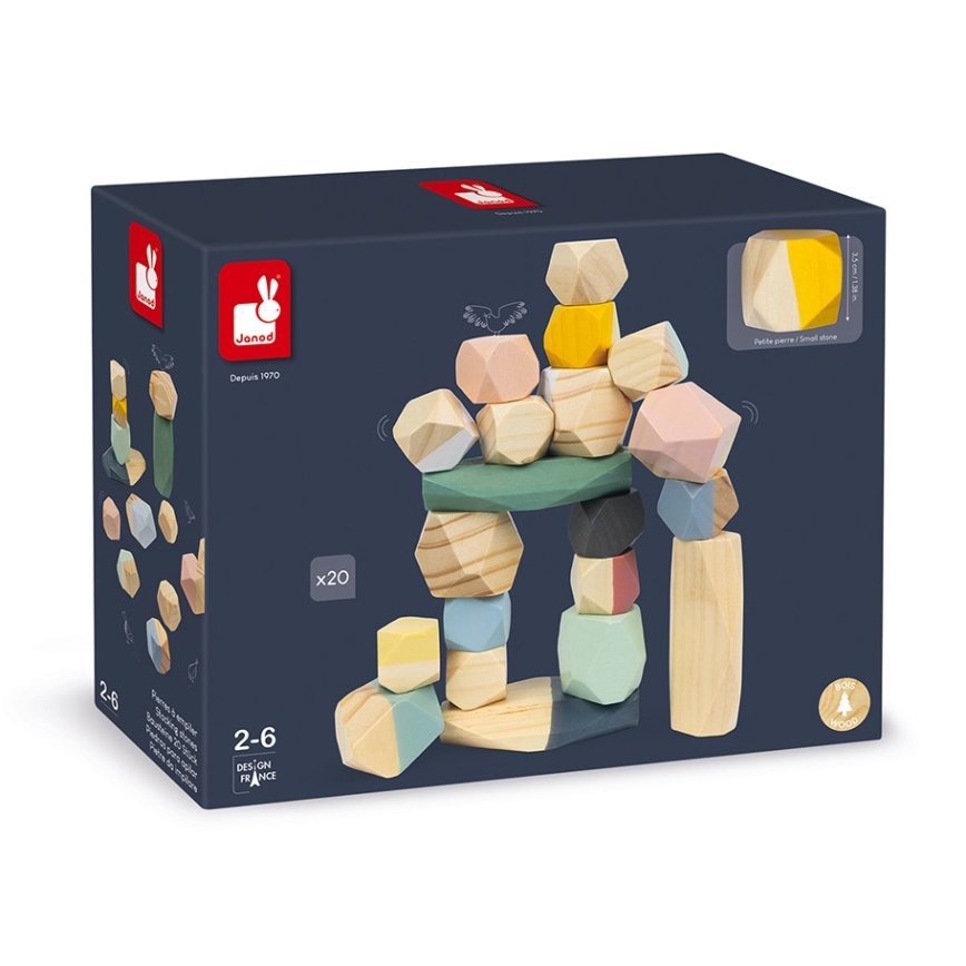 Janod - Drewniane klocki SWEET COCOON 20 szt. kamienie