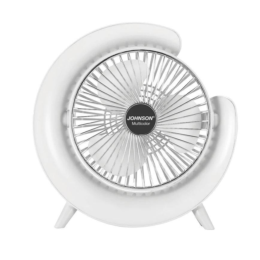 JOHNSON - LED RGB Ładowalny wentylator biurkowy MULTICOLOR LED/5W/3,7V 1200 mAh śr. 14 cm biały