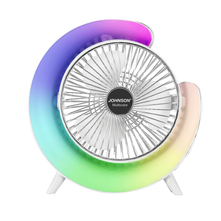 JOHNSON - LED RGB Ładowalny wentylator biurkowy MULTICOLOR LED/5W/3,7V 1200 mAh śr. 14 cm biały