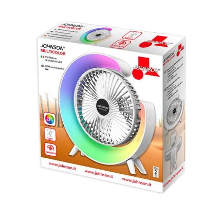 JOHNSON - LED RGB Ładowalny wentylator biurkowy MULTICOLOR LED/5W/3,7V 1200 mAh śr. 14 cm biały