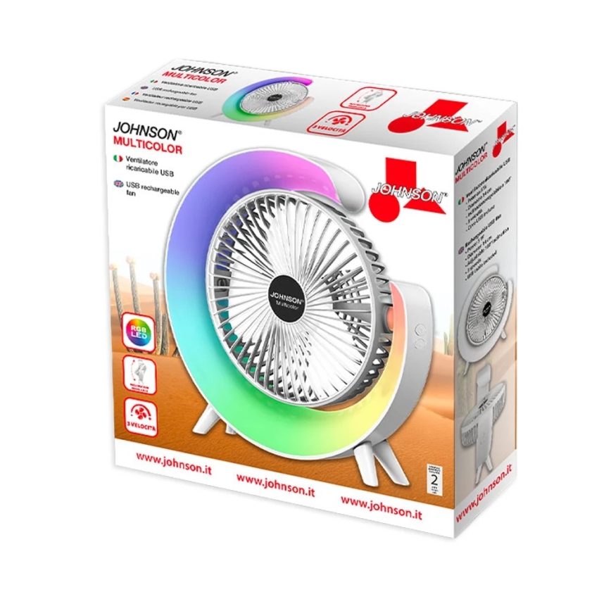 JOHNSON - LED RGB Ładowalny wentylator biurkowy MULTICOLOR LED/5W/3,7V 1200 mAh śr. 14 cm biały