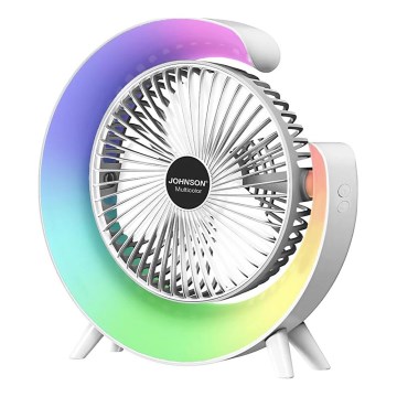JOHNSON - LED RGB Ładowalny wentylator biurkowy MULTICOLOR LED/5W/3,7V 1200 mAh śr. 14 cm biały