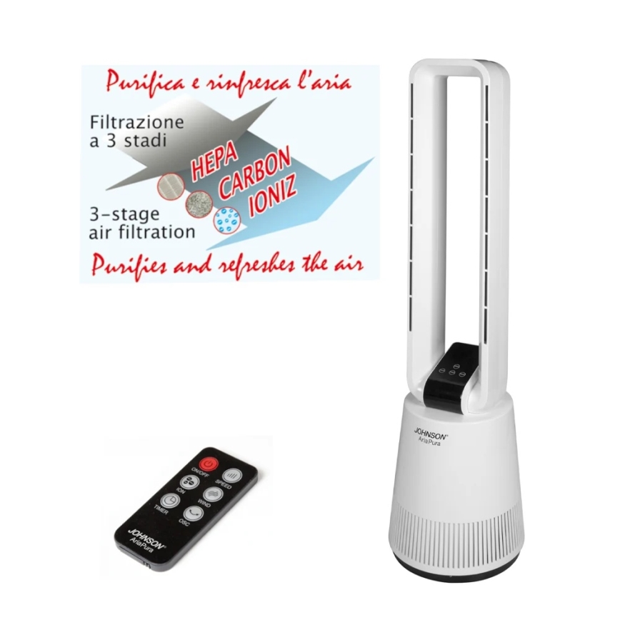JOHNSON - Wentylator z oczyszczaczem powietrza i filtrem HEPA ARIA PURA 90W/230V biały + pilot zdalnego sterowania