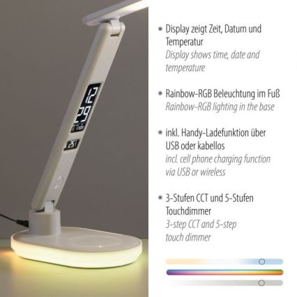JUST LIGHT. 11018-16 - LED RGBW ściemnialna dotykowa lampa stołowa z bezprzewodowym ładowaniem TINA LED/4W/230V biała