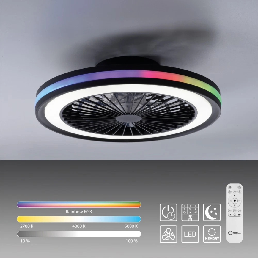 JUST LIGHT. 14649-18 - LED RGBW Regulowany sufitowy wentylator z oświetleniem BRANDON LED/36W/230V 2700-5000K śr. 46,5 cm czarny + pilot zdalnego sterowania