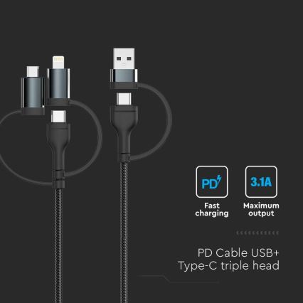 Kabel USB USB-A/ USB Lightning / MicroUSB / USB-C Power Delivery 60W 1,2m czarny