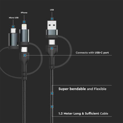 Kabel USB USB-A/ USB Lightning / MicroUSB / USB-C Power Delivery 60W 1,2m czarny