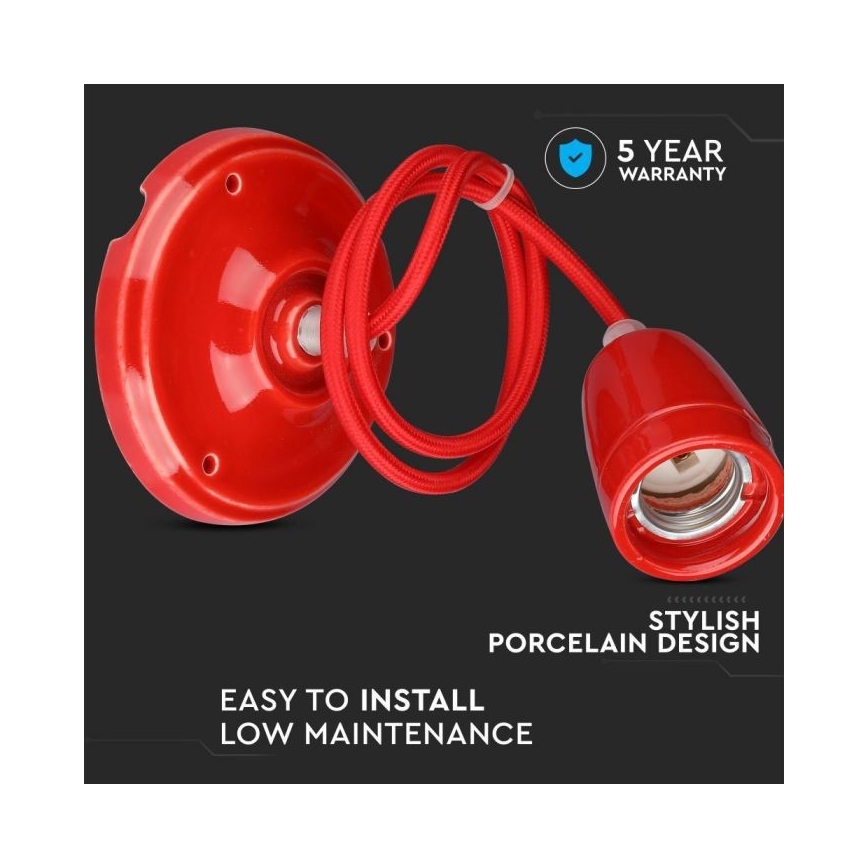Kabel zasilający 1xE27/60W/230V czerwony/porcelana