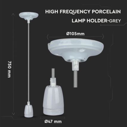 Kabel zasilający 1xE27/60W/230V szary/porcelana