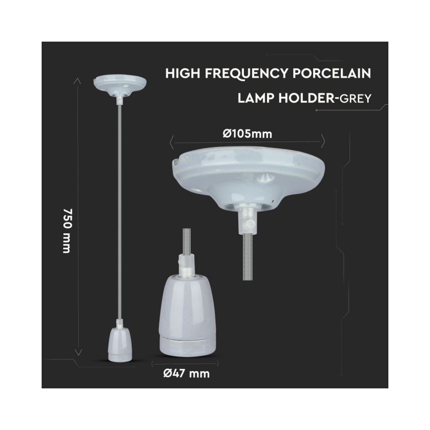 Kabel zasilający 1xE27/60W/230V szary/porcelana