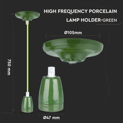 Kabel zasilający 1xE27/60W/230V zielony/porcelana