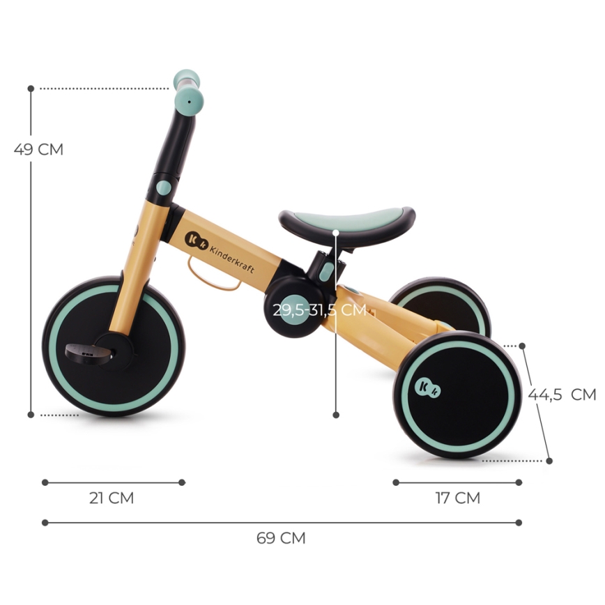 KINDERKRAFT - Dziecięcy rowerek do pchania 3w1 4TRIKE żółty/miętowy