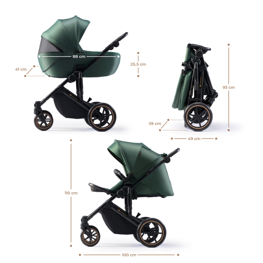 KINDERKRAFT SELECT - Wózek wielofunkcyjny 3w1 PRIME 2 Premium Ciemna  zieleń + fotelik samochodowy