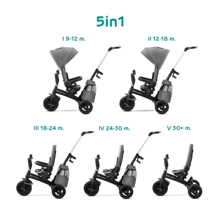 KINDERKRAFT - Trójkołowiec dziecięcy 5v1 EASYTWIST szary/czarny