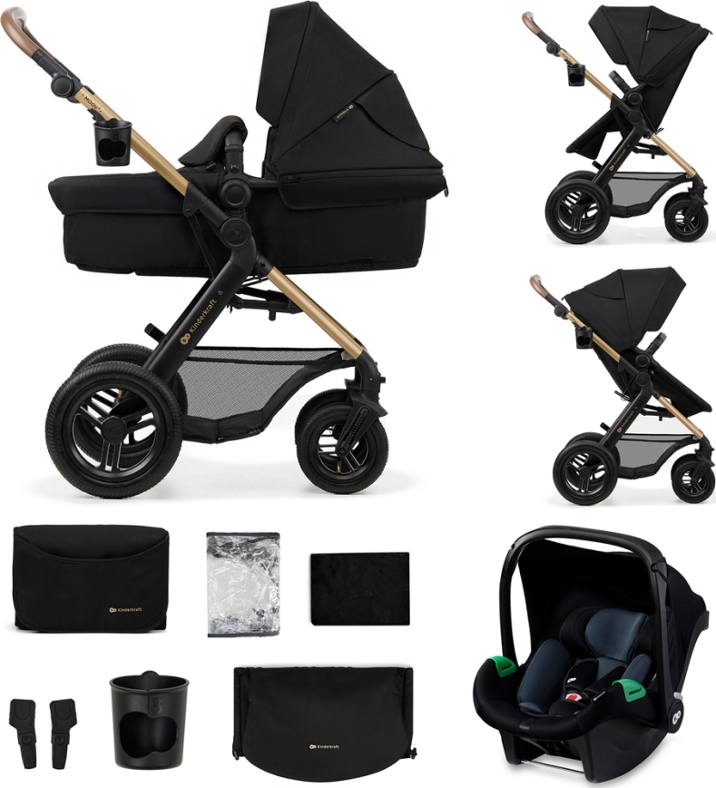 KINDERKRAFT - Wózek wielofunkcyjny 3w1 MOOV 2 AIR Pure black + fotelik samochodowy MINK PRO