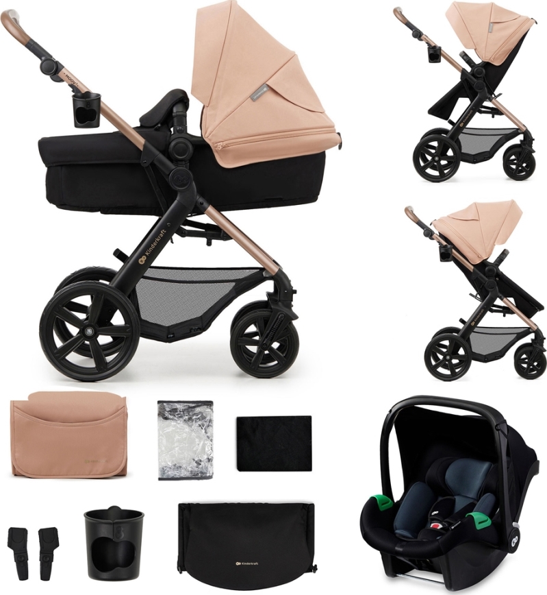 KINDERKRAFT - Wózek wielofunkcyjny 3w1 MOOV 2 Sand beige + fotelik samochodowy MINK PRO