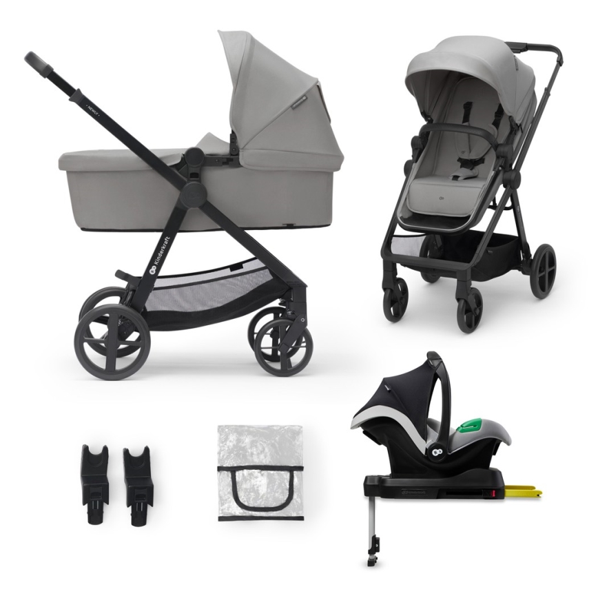 KINDERKRAFT - Wózek wielofunkcyjny 4v1 NEWLY Klasyczny szary + fotelik samochodowy MINK PRO z podstawą ISOFIX