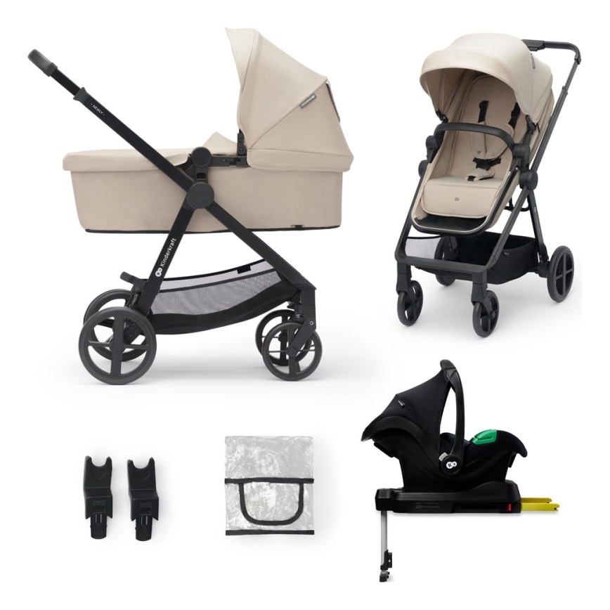 KINDERKRAFT - Wózek wielofunkcyjny 4w1 NEWLY Classic beige + fotelik samochodowy MINK PRO z podstawą ISOFIX
