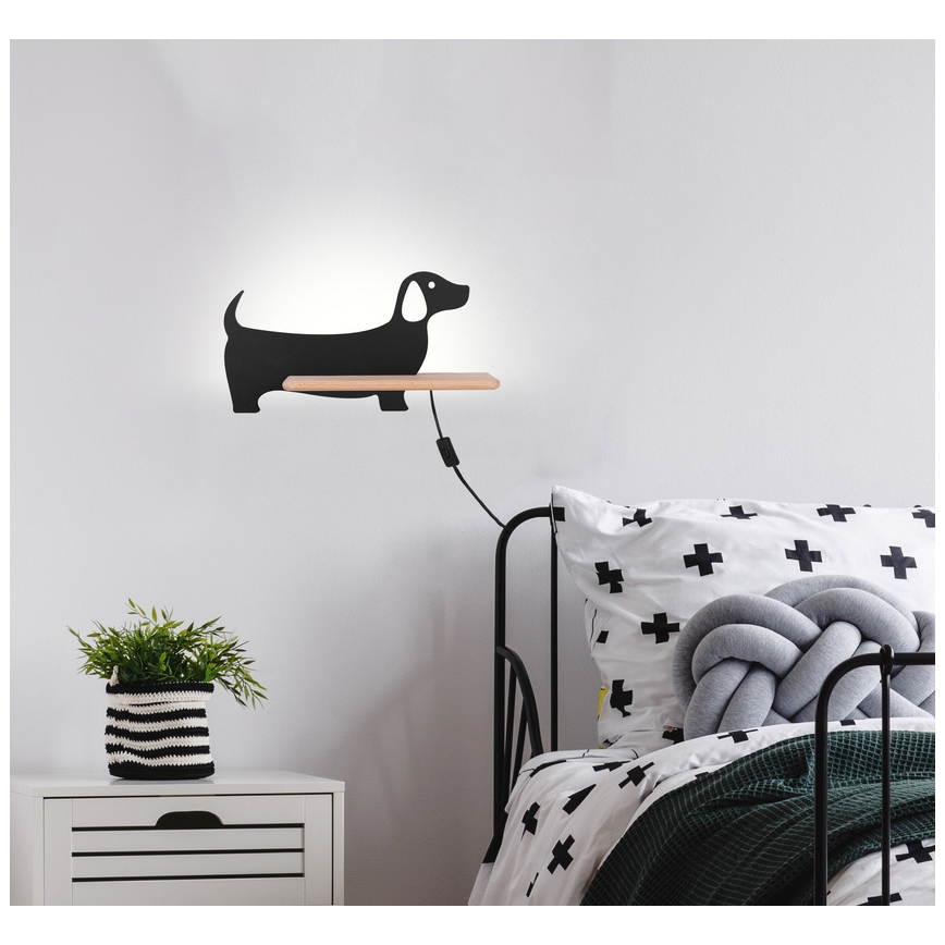 Kinkiet dziecięcy LED z półką DOG LED/5W/230V czarny/drewno,