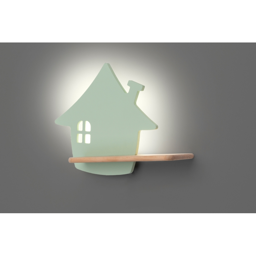 Kinkiet dziecięcy LED z półką HOUSE LED/4W/230V zielony/drewno,