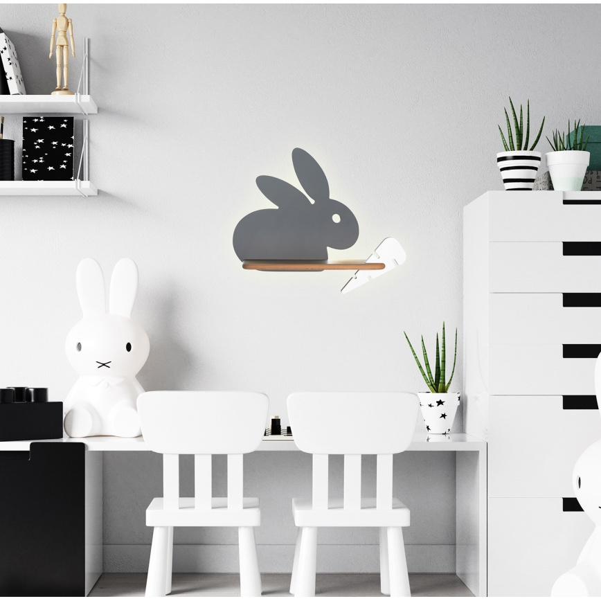 Kinkiet dziecięcy LED z półką RABBIT LED/4W/230V szary/biały/drewno