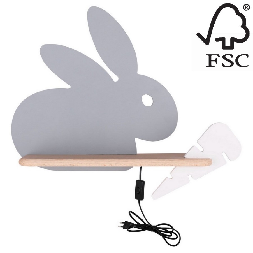 Kinkiet dziecięcy LED z półką RABBIT LED/4W/230V szary/biały/drewno