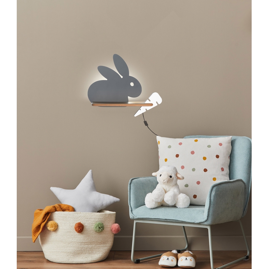 Kinkiet dziecięcy LED z półką RABBIT LED/4W/230V szary/biały/drewno